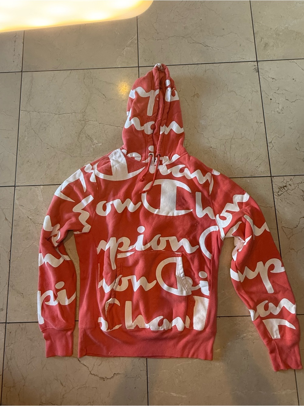 Champion Red and White Script Logo Hoodie